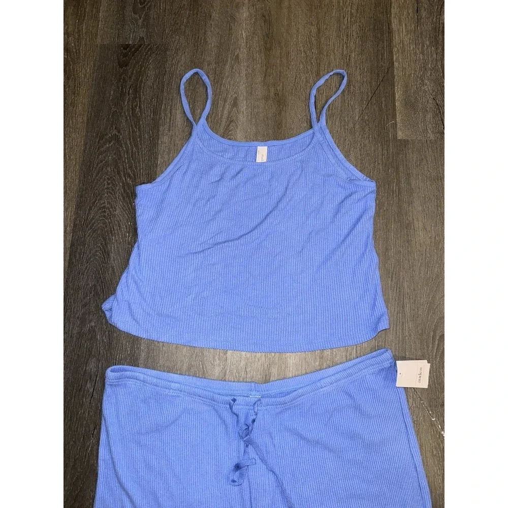 auden cozy ribbed blue pajama set tank & drawstring wide leg pants Sz Xxl